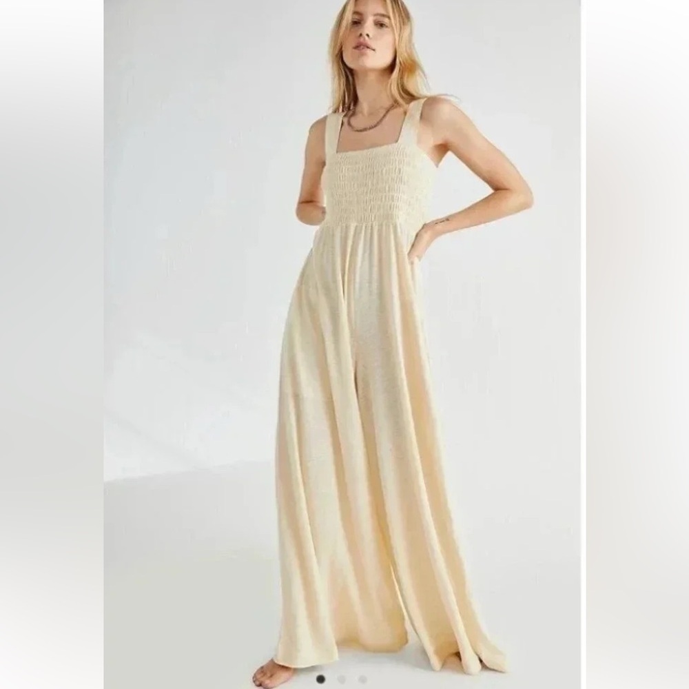 Smocked Square-Neck Cream Jumpsuit